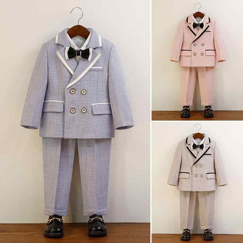 スーツ 男の子 キッズ フォーマルスーツ ジャケット ベスト セットアップ 英国風 ブリティッシュスタイル グレンチェック柄 ポリエステル混紡 発表会 結婚式 演奏会 舞台衣装 式典 入学式 卒業式 七五三 秋冬春 スリーシーズン ブルー グレー ピンク
