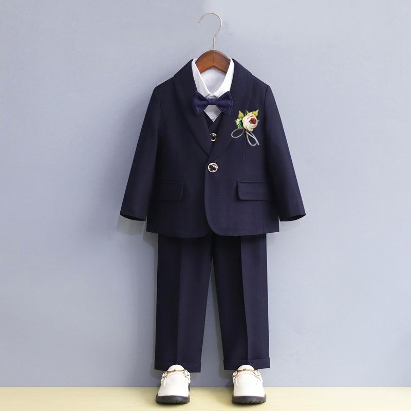 キッズ 男の子 フォーマルスーツ セットアップ 礼服 ジャケット パンツ ベスト 結婚式 フラワーボーイ 発表会 誕生日 卒園式 入学式 七五三 セレモニー 衣装 かっこいい 綿混 ポリエステル混紡 ネイビー ブラック