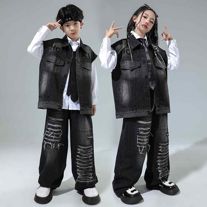 子供服 キッズ 男の子 女の子 ヒップホップ ストリートダンス デニム ベスト 上下セットアップ ステージ衣装 発表会 レッスン着 コットン 春秋 トレンド かっこいい おしゃれ