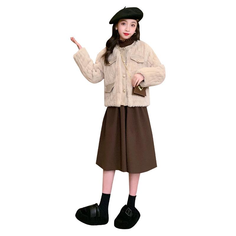 キッズ 女の子 ジュニア 高学年向け ワンピース セットアップ 秋冬 フェイクファー ツイード風ジャケット ニットワンピース 裏起毛 厚手 暖かい 防寒 おしゃれ 上品 かわいい