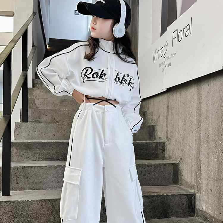 パンツセットアップ 女の子 ジュニア 春夏 韓国風 ストリート 長袖 ジップアップトップス ロング丈ワイド 2点セット 綿 ソフトタッチ カジュアル ブラック ホワイト