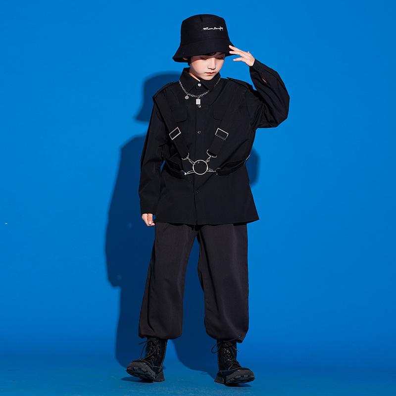 キッズ 男の子 ダンス衣装 シャツ セットアップ ストリート ヒップホップ ジャズ パフォーマンスウェア 発表会 イベント ステージ 練習着 上下セット トップス ブラック 黒 かっこいい おしゃれ トレンド カジュアル ポリエステル 春秋