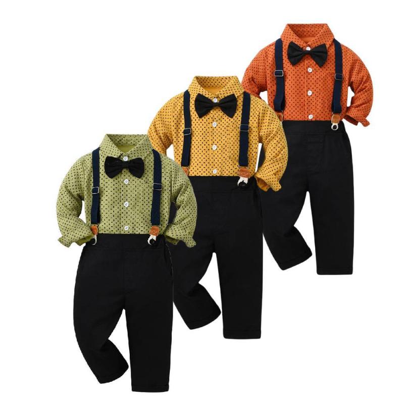 セットアップ 男の子 子供 キッズ 長袖 シャツ プリント サロペット オーバーオール パンツ フォーマル 紳士服 スーツ 誕生日 発表会 結婚式 入園式 セレモニー 綿 コットン 春秋 イエロー グリーン カボチャ色