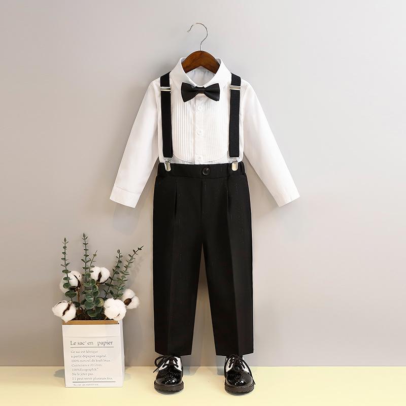 男の子 フォーマルスーツ 長袖シャツ ロングパンツ 蝶ネクタイ サスペンダー セットアップ 結婚式 フラワーボーイ 発表会 誕生日 記念撮影 七五三 セレモニー イギリス風 英国紳士 綿混 オールシーズン