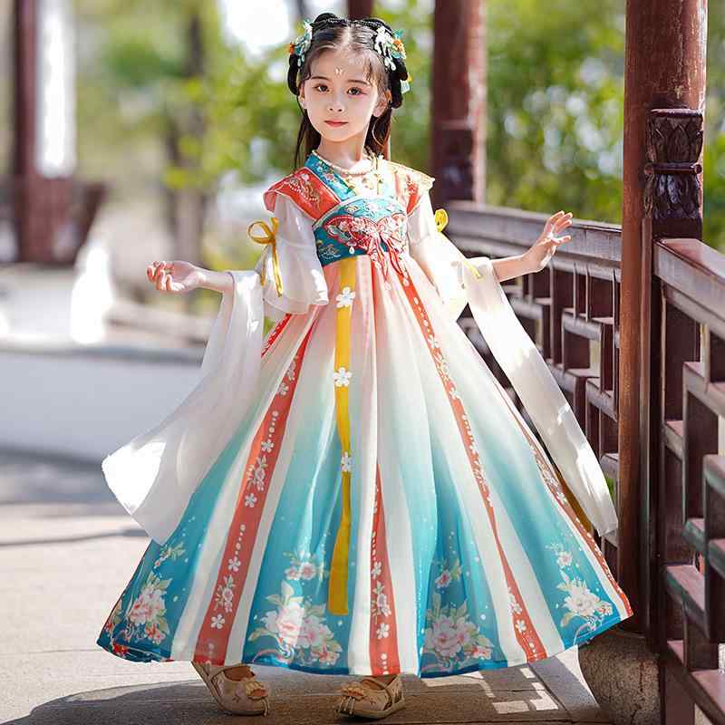 ワンピース キッズ 女の子 中国風 漢服 唐装 プリンセスドレス ハイウエスト ロング丈 ダンス 発表会 舞台衣装 ポリエステル製 レトロ かわいい ストライプ柄 ジュニア 小学生 中学生 春夏