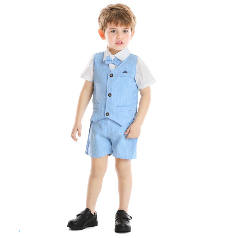 セットアップ 男の子 キッズ 夏 サマー 半袖 襟付き シャツ 五分丈 ショートパンツ ストライプ柄 ジャケット 3点セット 綿 コットン 柔らかい 普段使い お出かけ 欧米風 カジュアル