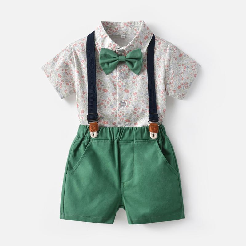 キッズ 男の子 半袖シャツ 小花柄 開襟 綿素材 柔らかな肌触り サスペンダー ショートパンツ 2点セット 韓国風 セットアップ 夏物 おしゃれ かわいい カジュアル 普段使い 通気性 グリーン系