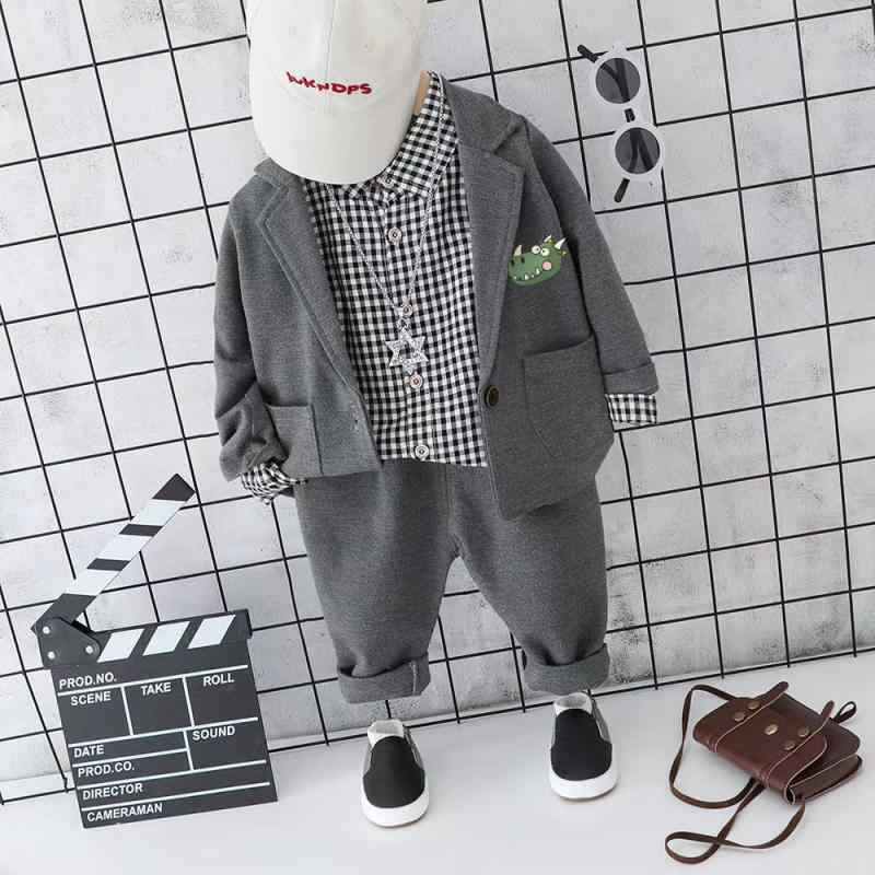 セットアップ 男の子 ベビー キッズ スリーピーススーツ チェック柄シャツ 恐竜モチーフ パンツスタイル 綿 コットン 春秋 おしゃれ 韓国風 お出かけ ブラック グレー
