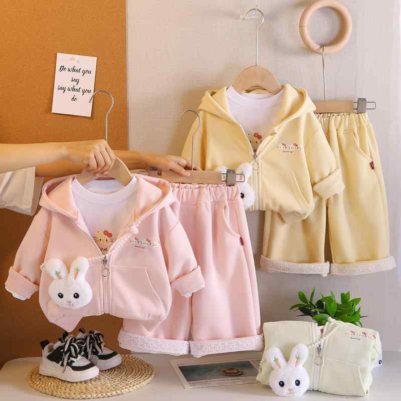 セットアップ ベビー 女の子 キッズ かわいい うさぎ キャラクター 3点セット 綿 春秋 ファスナー フード付き カーディガン 長袖 ロングパンツ 柔らかい 肌触り 韓国風 カジュアル 普段使い ピンク イエロー ベージュ