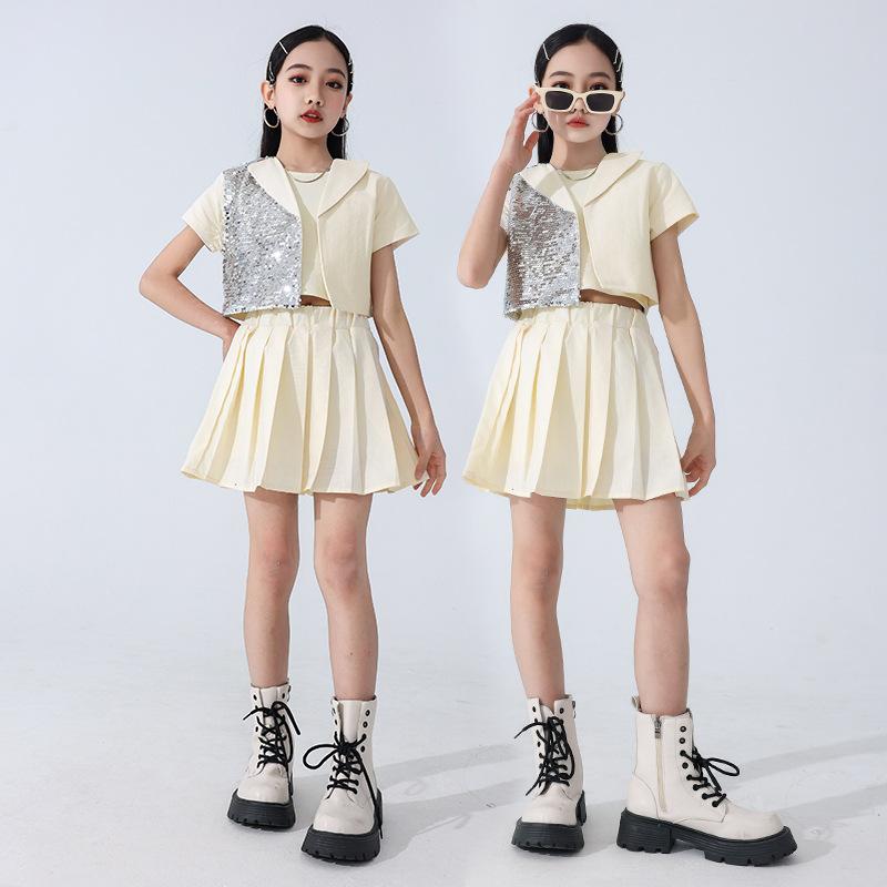 ダンス衣装 キッズ ガールズ ジャズダンス 発表会 スパンコール ショート丈トップス セットアップ 綿素材 ヒップホップスタイル ファッションショー ステージ衣装 パフォーマンスウェア 春夏
