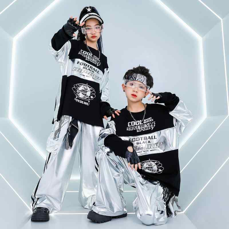 キッズ 子供服 男の子 女の子 ストリート ヒップホップ ダンス 衣装 スウェットパンツ 上下セット 発表会 ステージ 練習着 ポリエステル 春秋 光沢感 ブラック シルバー