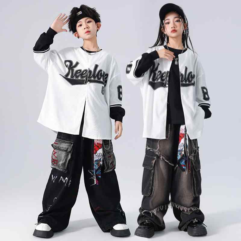 キッズダンス衣装 男の子 女の子 ヒップホップ ストリートダンス ベースボールシャツ セットアップ ドラム衣装 発表会 ステージ 練習着 かっこいい クール おしゃれ トレンド ホワイト ポリエステル 春秋