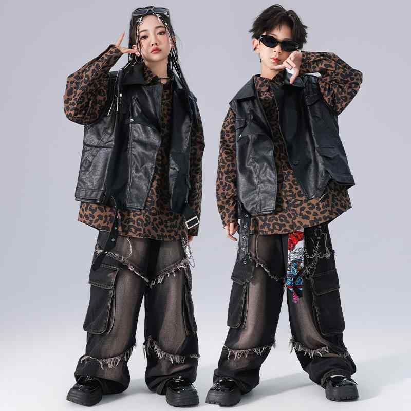 ダンスウェア キッズ 男の子 女の子 ストリート ヒップホップ ダンス衣装 セットアップ PUレザー ライダース ベスト デニムパンツ 発表会 クール 春秋
