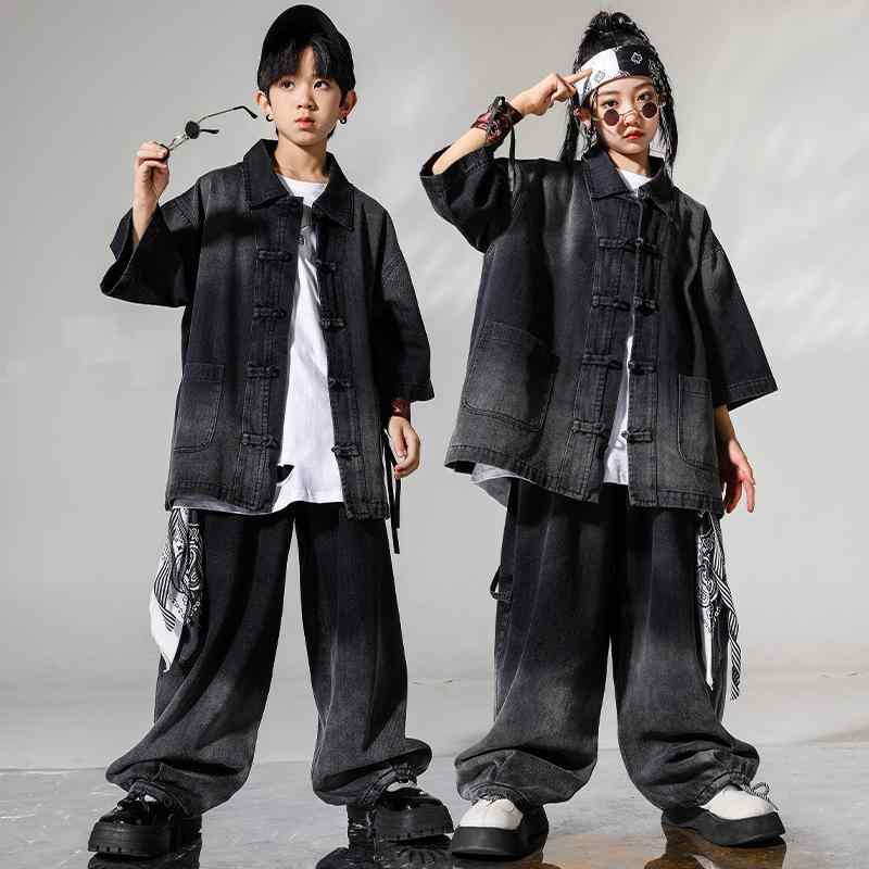 ダンス衣装 キッズ 男の子 女の子 ヒップホップ ストリート グラデーション ブラック レトロ デニムシャツ 上下セット ロングパンツ 綿 トレンド 発表会 ステージ クール 春夏