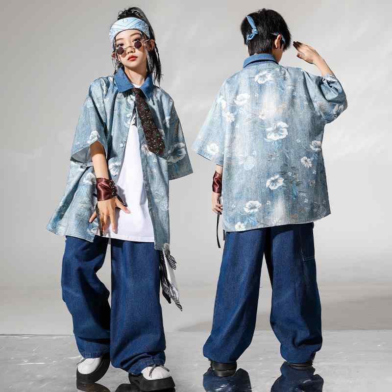 キッズ ダンス衣装 男の子 女の子 ヒップホップ ストリート グラデーション レトロ シャツ セットアップ 舞台衣装 発表会 ステージ クール 綿 ブルー系 春夏