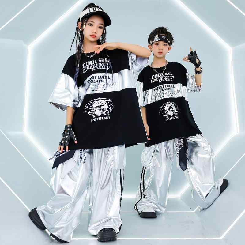 ダンスウェア キッズ 男の子 女の子 ストリートダンス ヒップホップ セットアップ 半袖 トップス シルバー 発表会 舞台 衣装 パフォーマンス 練習着 綿 コットン カジュアル ストリートファッション
