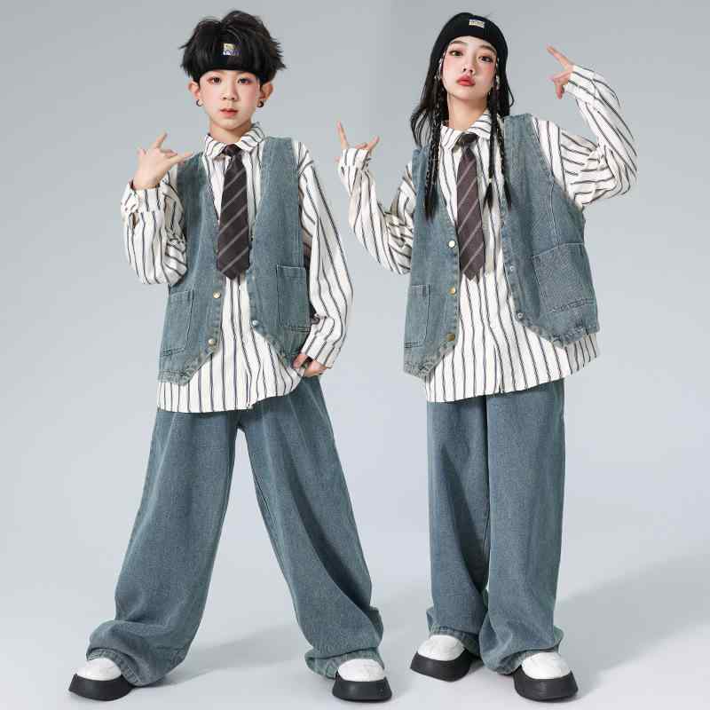キッズ ダンス衣装 男の子 女の子 ストリートダンス ヒップホップ ジャズ 発表会 ステージ 衣装 デニムベスト デニムパンツ シャツ セットアップ 綿 コットン かっこいい クール トレンド 春秋