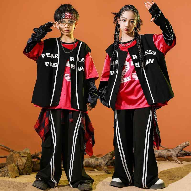 キッズ ダンスウェア 男の子 女の子 ジュニア ヒップホップ ストリート系 衣装 セットアップ トップス パンツ ベスト 黒 赤 発表会 舞台 イベント パフォーマンス 綿素材 動きやすい かっこいい 子供服