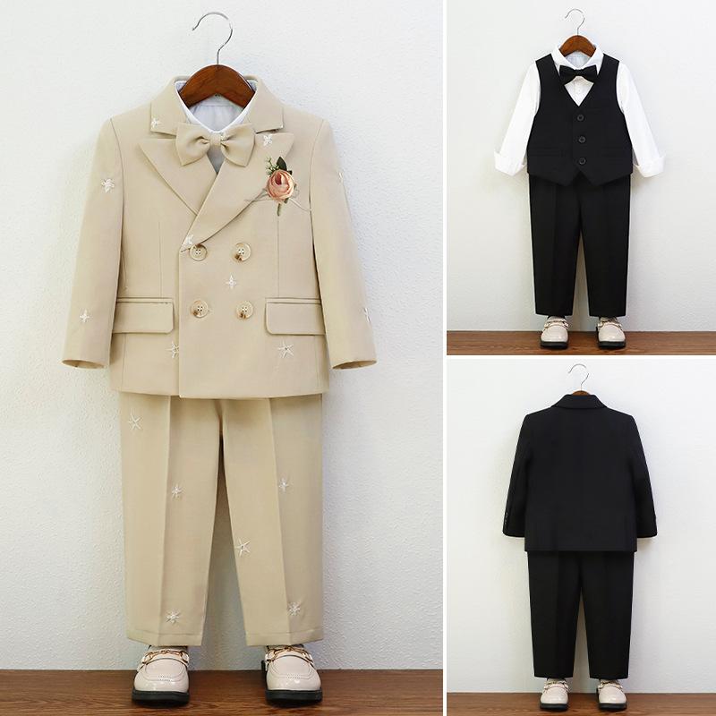 フォーマルスーツ 男の子 キッズ スーツセット ジャケット ベスト パンツ 蝶ネクタイ 結婚式 発表会 入園式 卒園式 入学式 卒業式 七五三 バースデー フラワーボーイ ダブルボタン 英国風 ポリエステル混紡 秋冬春 ブラック カーキ