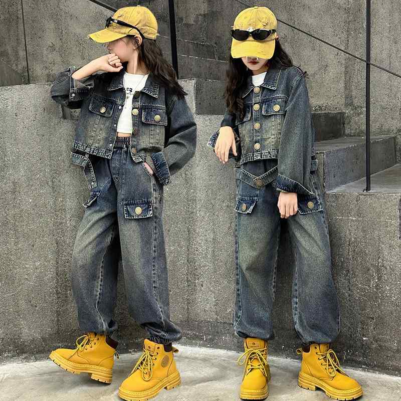 デニム セットアップ 女の子 キッズ 春秋 2点セット 上下セット 長袖 ハーレムパンツ カーゴパンツ 綿 ソフト レトロ ヴィンテージ 古着風 こだわりデザイン おしゃれ トレンド 普段使い 通学 ジュニア