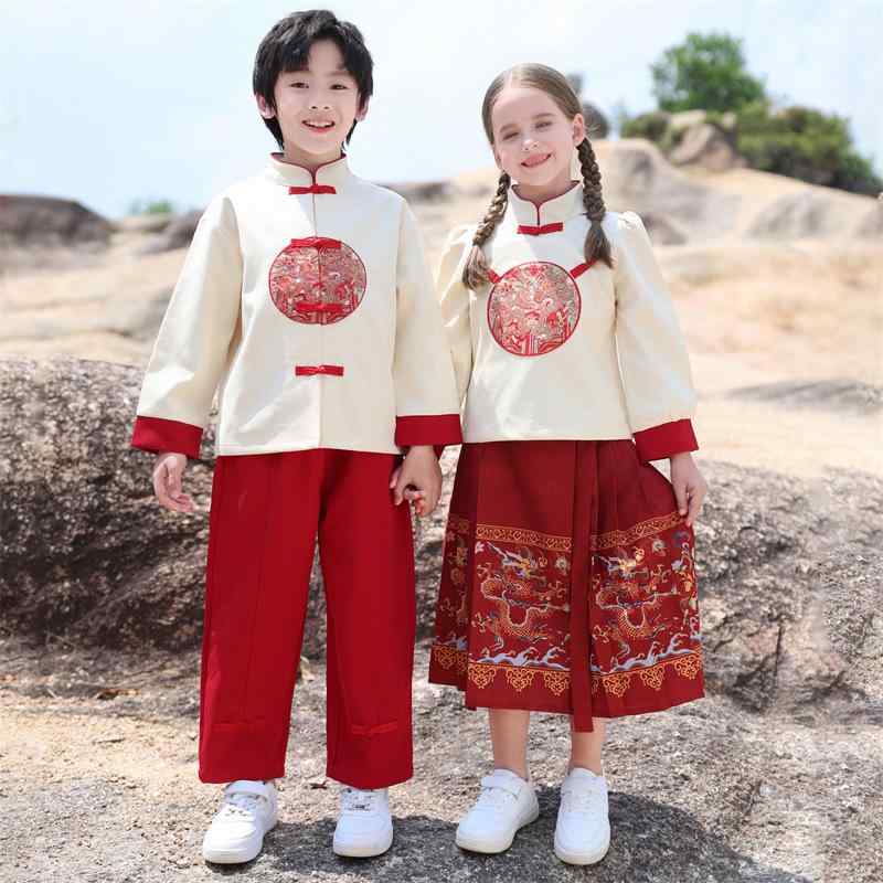 キッズ コスチューム 男の子 女の子 子供 男女兼用 ジュニア 漢服 唐装 中華服 中国伝統衣装 古装 仙女風 舞台衣装 発表会 ダンス衣装 演劇 学芸会 イベント用 コットン 柔らか セットアップ 春秋