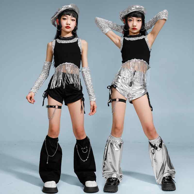 キッズ 女の子 ガールズ ジャズ ストリート 衣装 コスチューム 上下セット クロップトップ フリンジ コットン 黒 シルバー 発表会 ステージ パフォーマンス 練習着 夏