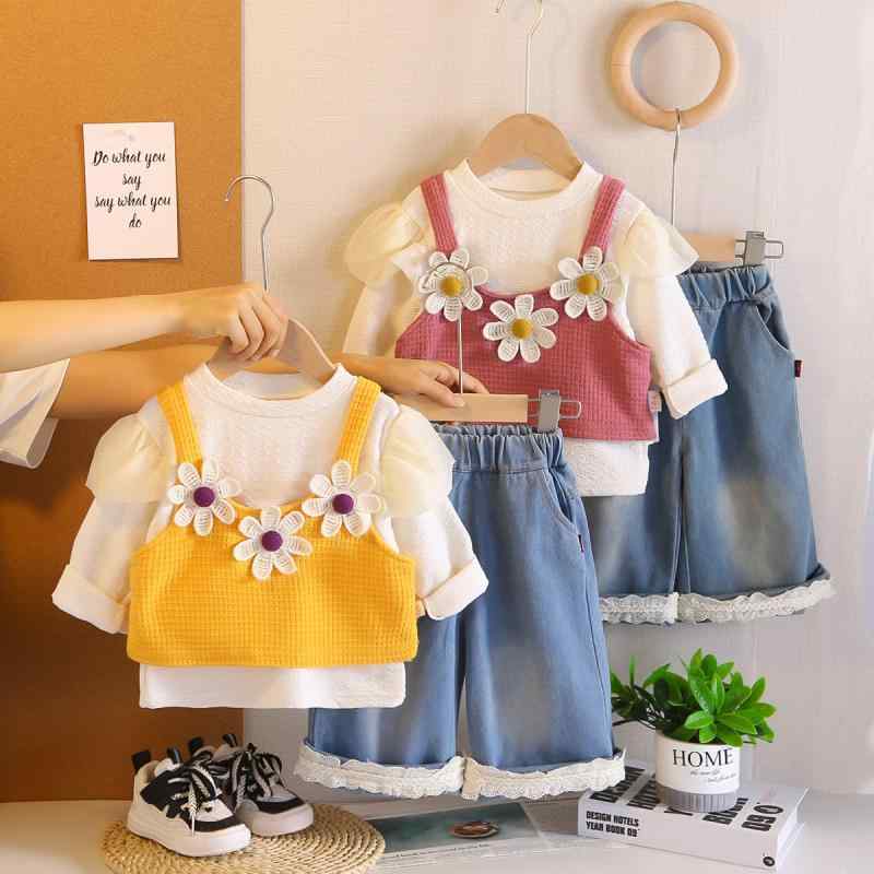 キッズ 女の子 ベビー 春秋 韓国風 ニットベスト 3点セット 長袖トップス 長ズボン セットアップ 綿 コットン 柔らか素材 小花柄 かわいい おしゃれ 普段着 お出かけ