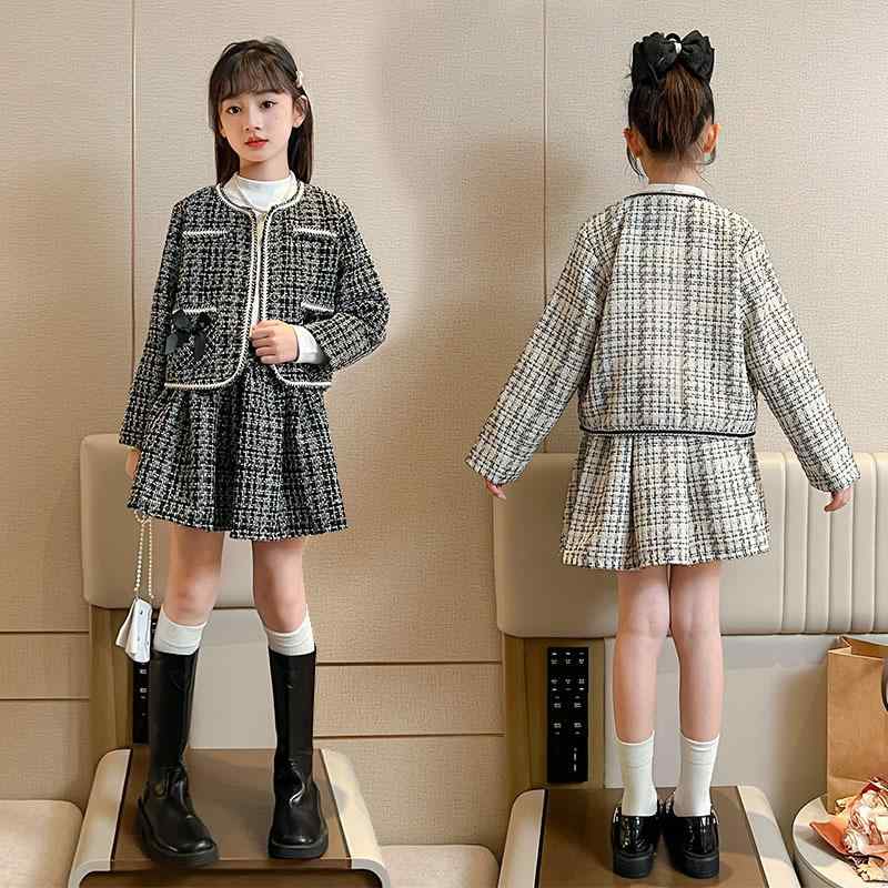 セットアップ 女の子 春秋 韓国風 おしゃれ かわいい チェック柄 ジャケット 長袖 ショート丈スカート ポリエステル混紡 シングルボタン 通学 お出かけ 普段使い 黒 白