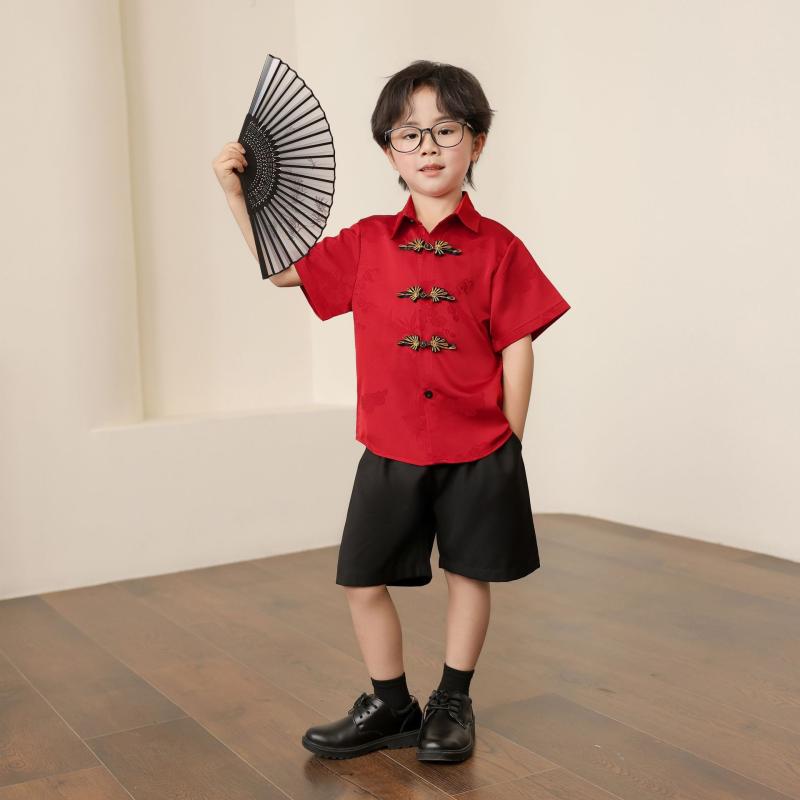 唐装 男の子用 夏用 中華風 襟付き チャイナボタン ジャカード 花柄 ポリエステル 柔らかな肌触り 半袖シャツ 短パン セットアップ 漢服 おしゃれ リラックス 薄手 キッズ カジュアル