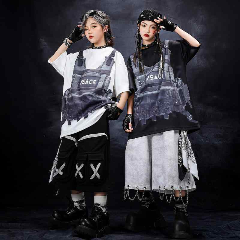 ダンスウェア キッズ 男の子 女の子 ストリートダンス ヒップホップ フェイクレイヤード 重ね着風 上下セットアップ 衣装 綿 コットン素材 クール かっこいい 発表会 ステージ ランウェイ パフォーマンス