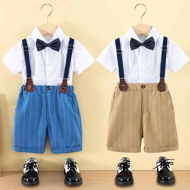 キッズ 男の子 サロペット ショートパンツ セットアップ 半袖シャツ 幼稚園 発表会 司会 朗読 合唱 イベント ステージ衣装 舞台 演奏会 フォーマル 学院風 プレッピースタイル ポリエステル 春夏 ストライプ イエロー ブルー