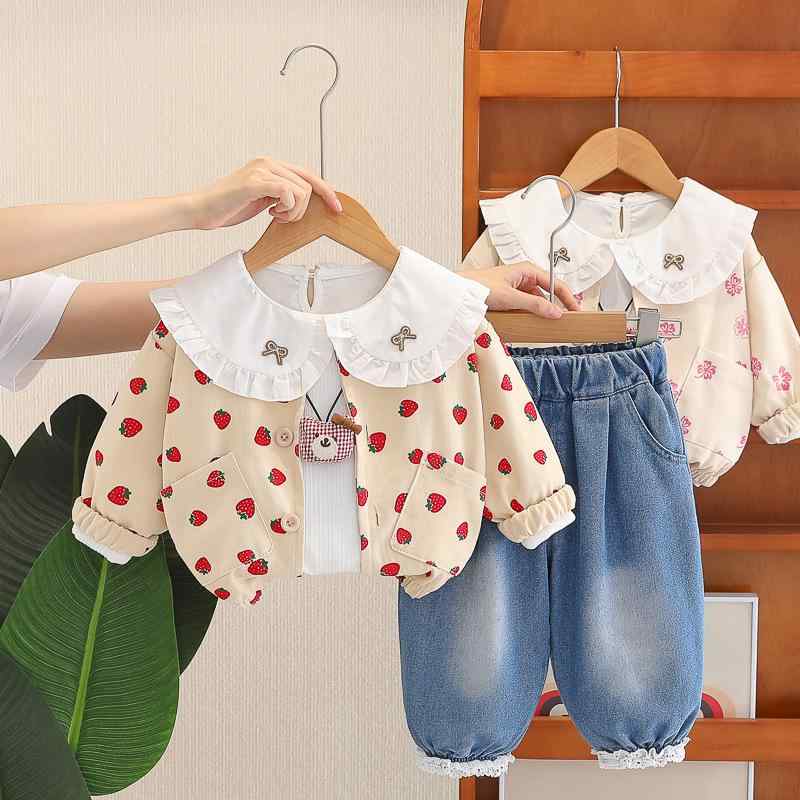 子供服 女の子 ベビー キッズ 3点セット セットアップ 春秋 おしゃれ 可愛い 韓国風 いちご 花柄 カーディガン 長袖 長ズボン 綿 柔らか カジュアル 普段着 お出かけ 4,505円