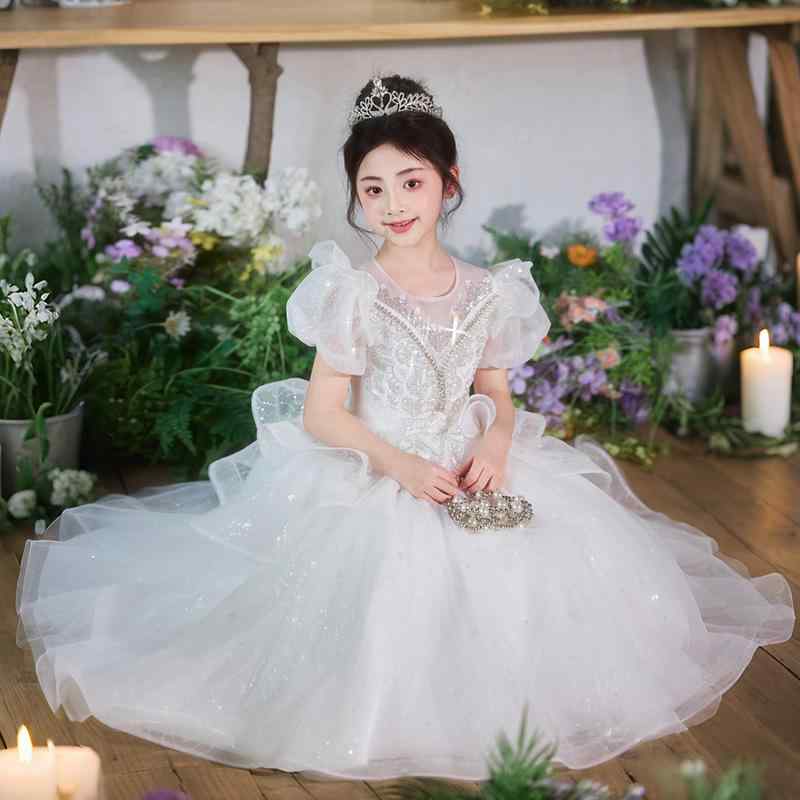 ドレス キッズ 女の子 ピアノ発表会 誕生日 結婚式 フラワーガール 高級感 プリンセスワンピース ロング丈 フォーマル セレモニー 演奏会 舞台衣装 ジュニア ポリエステル 上品 エレガント