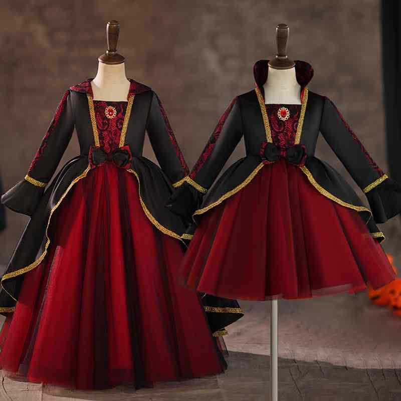 ドレス 女の子 キッズ ハロウィン プリンセス コスプレ 仮装 欧米風 発表会 舞台 衣装 ロールプレイング 魔女風 SNS映え ジュニアサイズ ポリエステル 切り替え レッド 秋冬