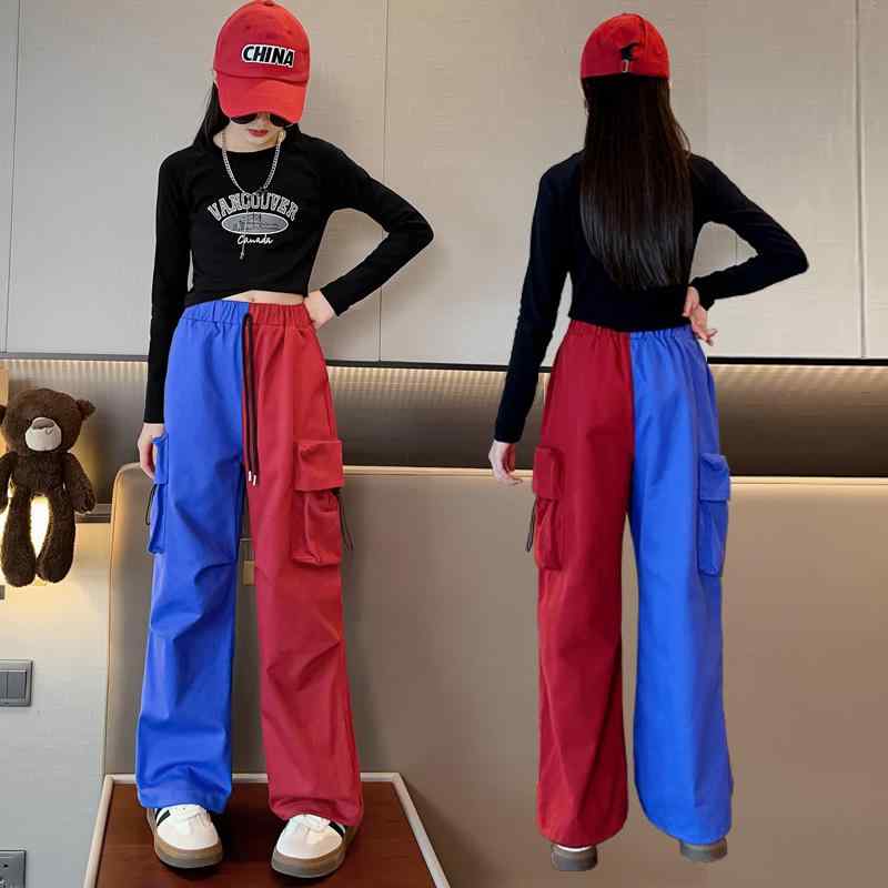 カーゴパンツ 女の子 ジュニア デニム コットン 切り替え ハイウエスト ストリートダンス ヒップホップ ダンス衣装 発表会 ステージ 子供服 春秋 おしゃれ ロングパンツ