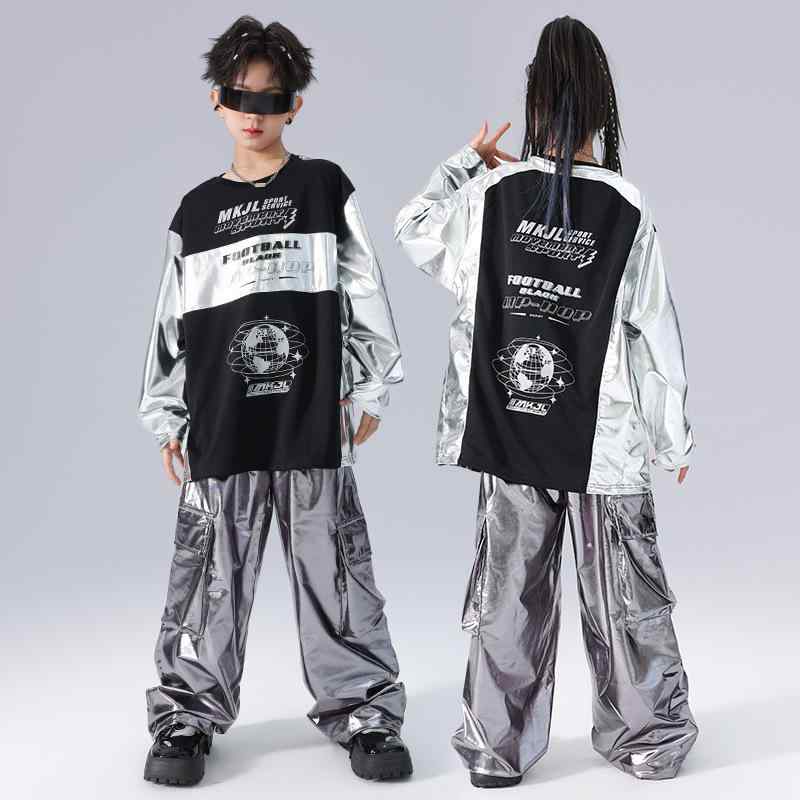 キッズ ダンス衣装 男女兼用 ヒップホップ ストリートダンス 発表会 ステージ ドラム演奏服 クール かっこいい 目立つ ポリエステル 長袖トップス ロングパンツ シルバー 秋冬 練習着