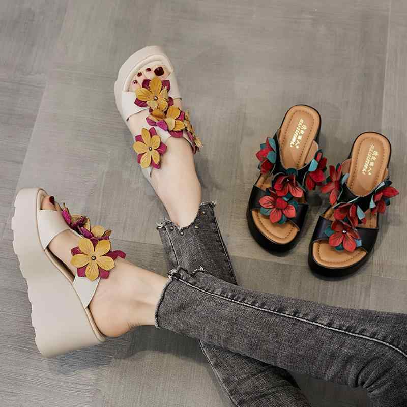 サンダル レディース 女性用 牛革 本革 厚底 ウェッジソール 高ヒール 快適 履きやすい 花柄 レトロ ナチュラル おしゃれ ママシューズ ミセス向け 普段使い デイリーユース オフホワイト ブラック 夏 オープントゥ ポリウレタン底