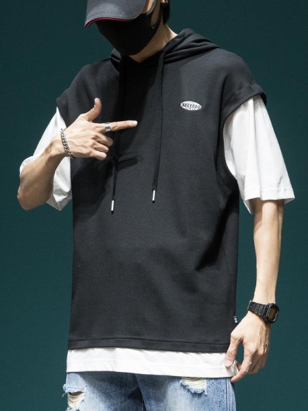 Tシャツ メンズ 日系 半袖 コットン フード付き ヘビーウェイト 切り替え 重ね着風 ゆったり ビッグシルエット カジュアル 普段使い 夏 トップス 抗菌 ブラック