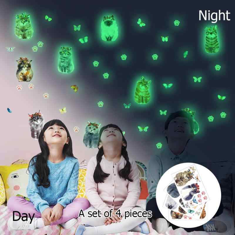 ウォールステッカー 子供用 蓄光 夜光 光る かわいい 猫足 蝶 キャラクター DIY 壁紙シール リビング 寝室 子供部屋 デコレーション グリーン PVC