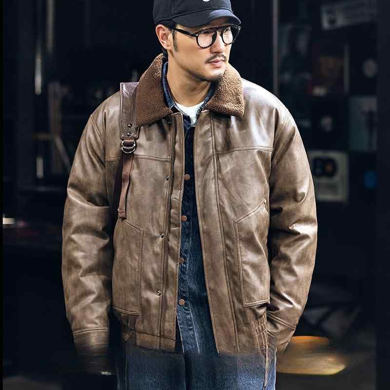 ダウンジャケット メンズ 男性用 秋冬 PUレザー 90%ホワイトダックダウン ゆったり ビッグシルエット 大きいサイズ アメカジ レトロ ワークジャケット 防寒 暖かい 厚手 襟付き ジップアップ 多機能ポケット アウター ブラック ブラウン