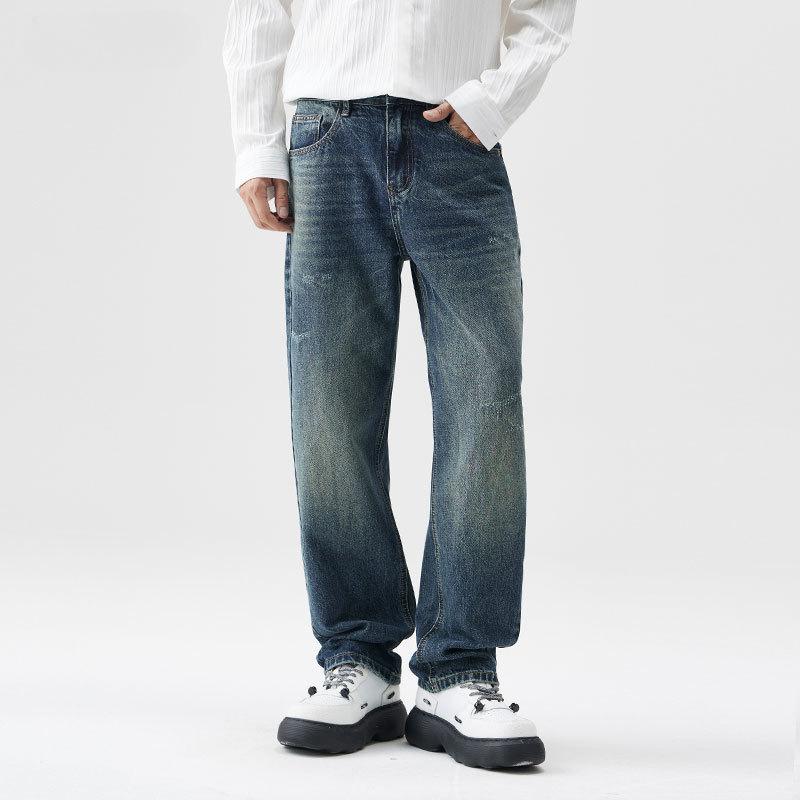デニムパンツ メンズ ルーズストレート ダメージ ウォッシュ加工 ヴィンテージ感 ステッチデザイン カジュアル アメカジ ジーンズ 男性用 コットン ブルー