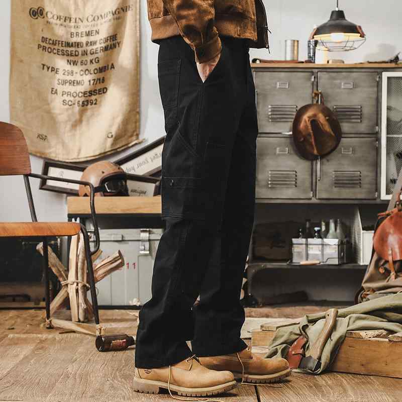 ワークパンツ メンズ アメカジ ヘビーウェイト 厚手 ヴィンテージ レトロ 黒 ブラック コットン ストレート ワイド ゆったり ルーズフィット カーゴ 普段使い ストリート 秋冬 ボトムス
