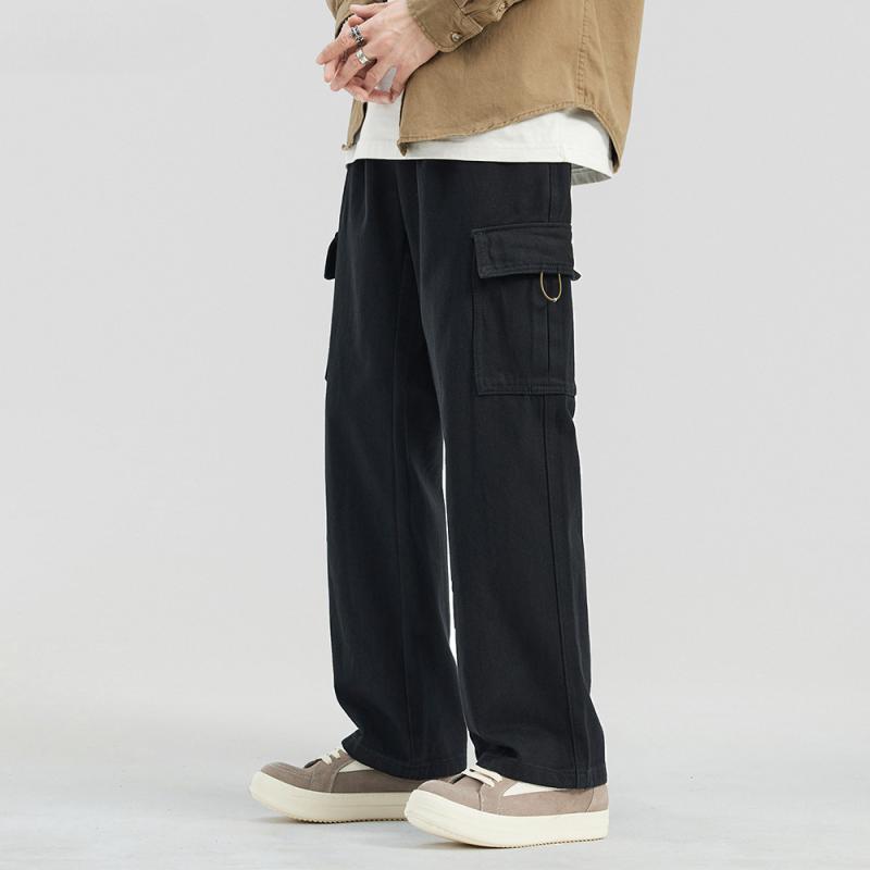 デニムパンツ メンズ 春秋 ワーク アメカジ 綿100% ウォッシュ加工 ストレート ゆったり ルーズフィット ミドルウエスト ロング丈 マルチポケット カジュアル 普段使い ブラック