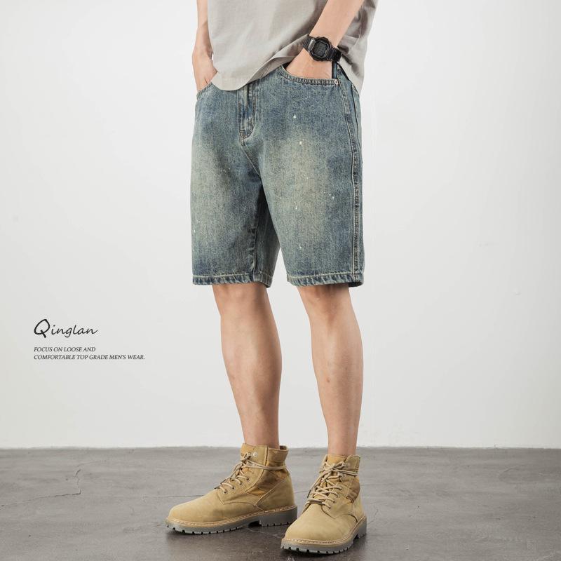 デニムショートパンツ メンズ ブルー レトロ ヴィンテージ ルーズフィット ビッグサイズ アメカジ カジュアル スプラッシュペイント ワイルド クール ハーフ丈 コットン ストレート 薄手 春夏