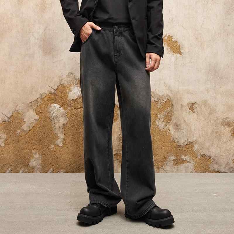 デニムパンツ ジーンズ メンズ ワイドストレート 厚手 ヘビーウェイト ユーズド加工 ヴィンテージウォッシュ 立体感 ツイル コットン 綿 春秋 カジュアル ブラック ブルー