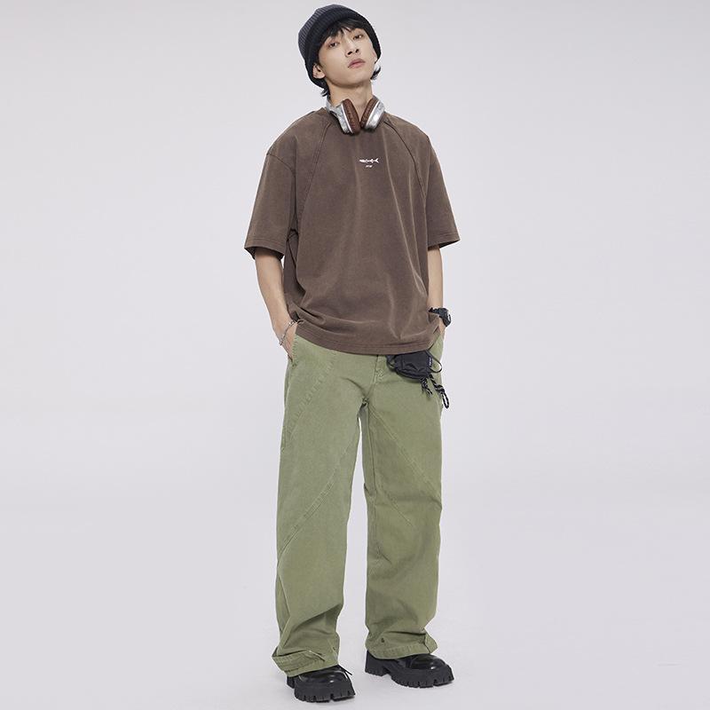 パンツ メンズ アメカジ ストリート 無地 ワイドシルエット ロング丈 コットン カジュアル ワークパンツ カーゴパンツ デイリーユース 丈夫 高級感 切り替えデザイン