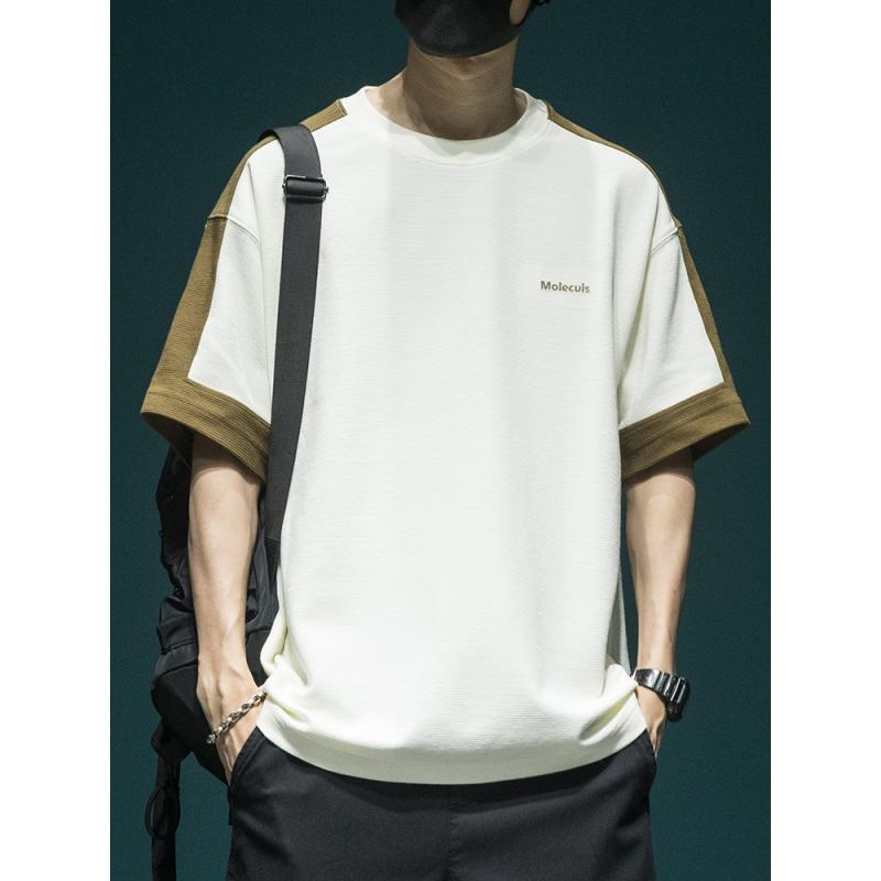 Tシャツ メンズ 男性用 クルーネック ビッグシルエット オーバーサイズ ゆったり 半袖 コットン 綿 厚手 ヘビーウェイト 耐久性 イージーケア ロゴ刺繍 切り替え 配色 バイカラー 和風 シンプル カジュアル 春夏