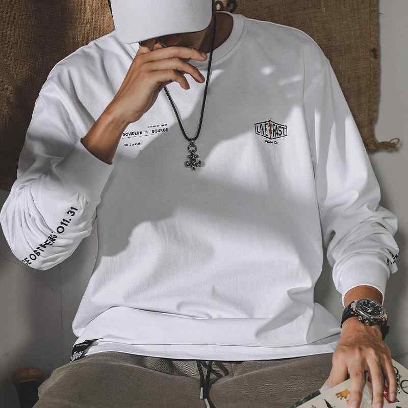Tシャツ トップス メンズ 男性用 綿100% コットン 長袖 ロングスリーブ ゆったり ルーズフィット 厚手 ヘビーウェイト 肉厚 アメリカン 大きいサイズ ビッグサイズ クルーネック ホワイト 無地 秋 トレンド ストリート カジュアル 普段使い