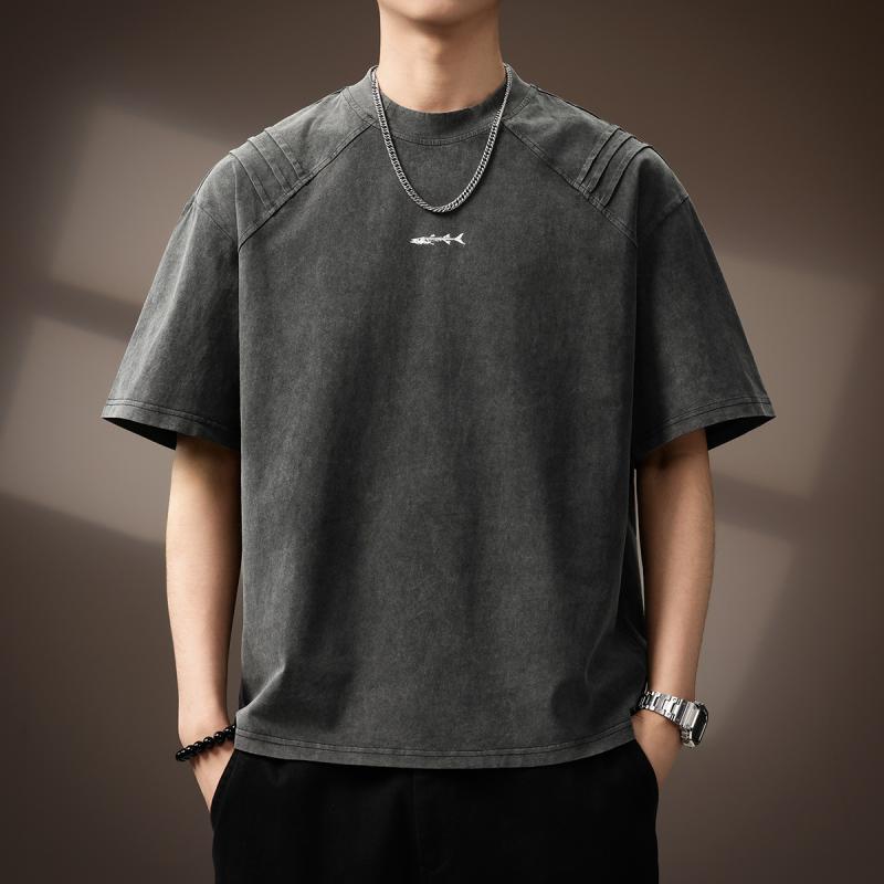 Tシャツ メンズ 高級感 アメリカン 切り替え 半袖 製品染め ウォッシュ加工 ヘビーウェイト 厚手 ゆったり ビッグシルエット ドロップショルダー クルーネック コットン レトロ ヴィンテージ 夏 ストリート