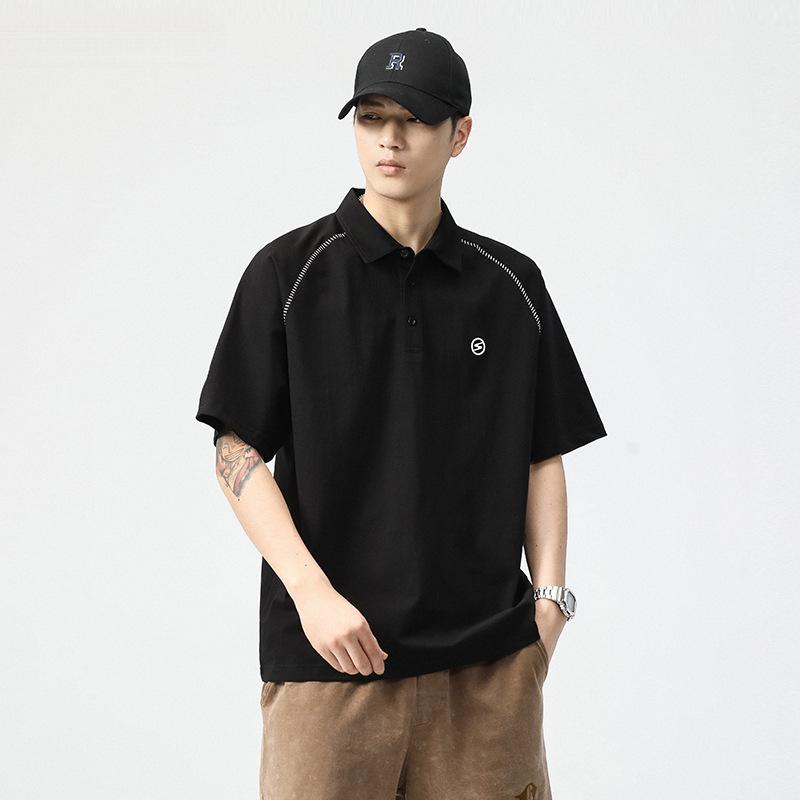Tシャツ メンズ ポロシャツ 半袖 襟付き ドロップショルダー ゆったり ルーズフィット アメカジ 上質コットン 綿100% 薄手 通気性 普段使い カジュアル 春夏 黒 白